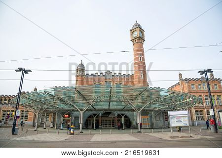 Ghent, Belgium - April 16, 2017: Gent-Sint-Pieters - main railway station with glass, was originally built for 1912 World Expo. Ghent, Belgium