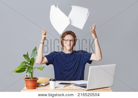Annoyed Businessman Has Troubles With Preparing Financial Report, Works At Laptop Computer, Throws P