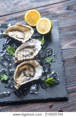 Raw Oysters On The Wooden Background