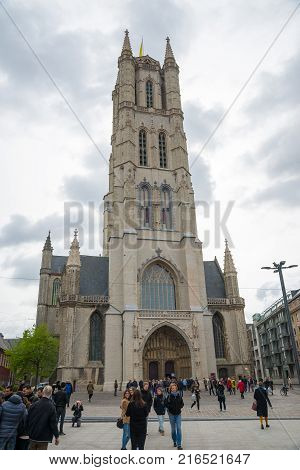 Ghent, Belgium - April 16, 2017: West facade of the Saint Bavo Cathedral is a gothic cathedral in Ghent, Belgium