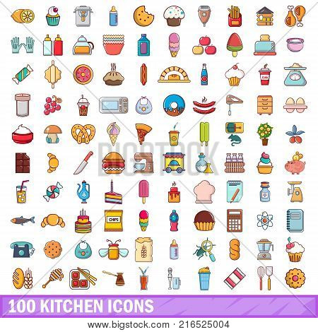 100 kitchen icons set. Cartoon illustration of 100 kitchen vector icons isolated on white background