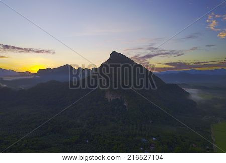 Aerial View Of Mount Baling, With Padding Field View Before Sunrise.