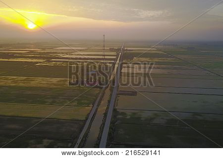 Aerial View Of Mount Baling, With Padding Field View Before Sunrise.