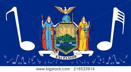 The flag of the state of New York with musical notes