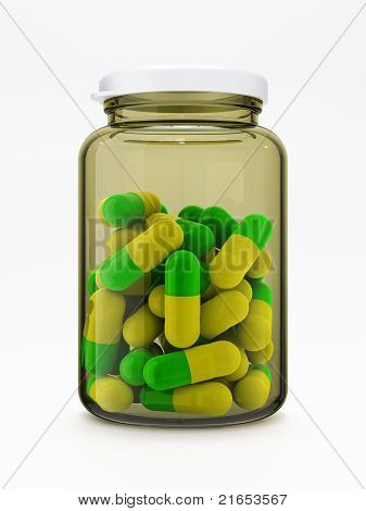 Pilules de vert-jaune en bouteille médicale sur blanc