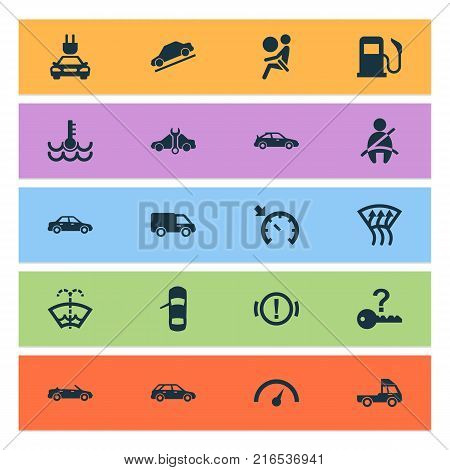 Car icons set with safety, vehicle, windscreen and other windscreen elements. Isolated vector illustration car icons.