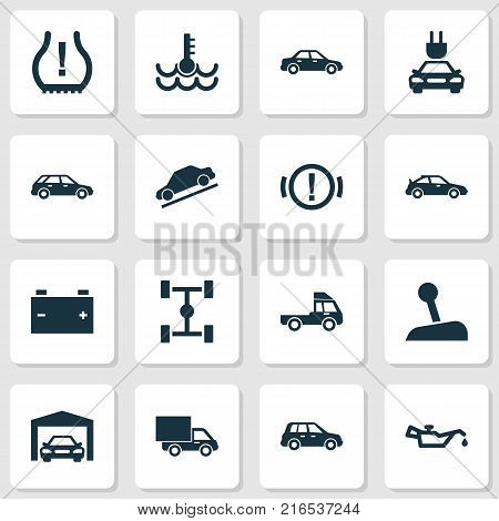 Automobile icons set with wheelbase, accumulator, control and other automobile elements. Isolated vector illustration automobile icons.
