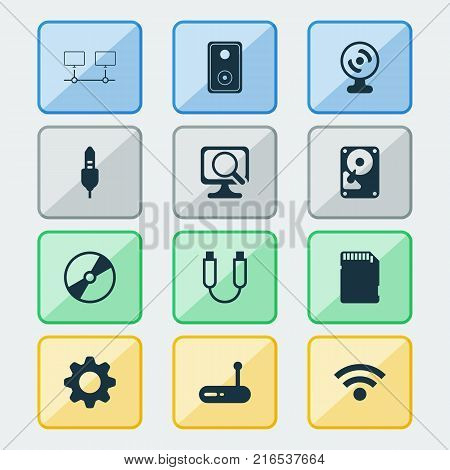 Computer icons set with web camera, memory card, router and other aux cord elements. Isolated vector illustration computer icons.