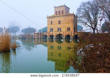 Ancient building from Po river lagoon. Po Delta wetlands landmark. Italian travel destination