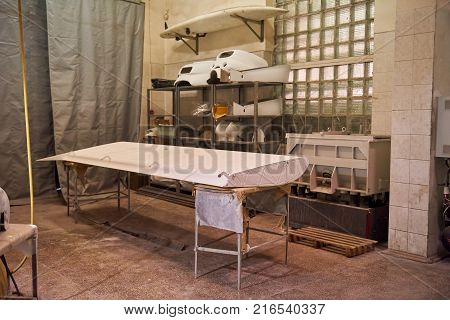 Aircraft detail on a table. Warehouse of aircraft details.