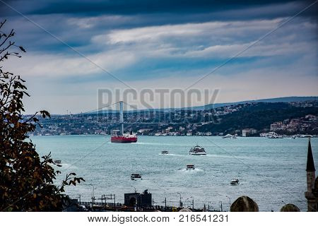 view from the cost to the port and the bridge of Bosphorous Istanbul