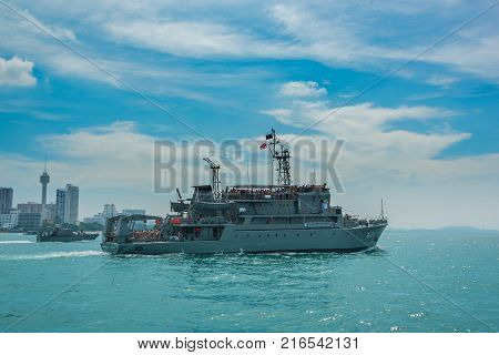 Pattaya Thailand - November 9 2017 Navy warship running on sea on the 50th anniversary ASEAN international fleet review 2017 drill in Pattaya Thailand