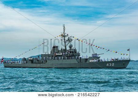 Pattaya, Thailand - November 9, 2017, Navy warship parking on sea on the 50th anniversary ASEAN international fleet review 2017 drill in Pattaya, Thailand