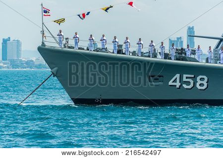 Pattaya Thailand - November 9 2017 Navals in activity of fleet review on warship running on sea on the 50th anniversary ASEAN international fleet review 2017 drill in Pattaya Thailand