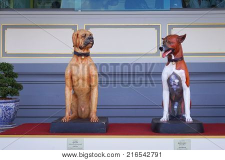 Bangkok Thailand - November 10 2017: Cao Cao and Thongdaeng dogs in The Royal Crematorium exhibition of King Bhumibol Adulyadej at Sanam Luang