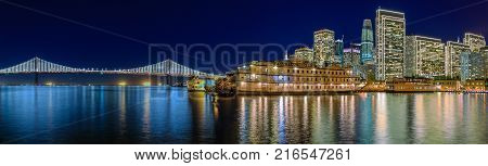 San Francisco Belle And Downtown At Chrismas From Wooden Pier 7 At Sunset.
