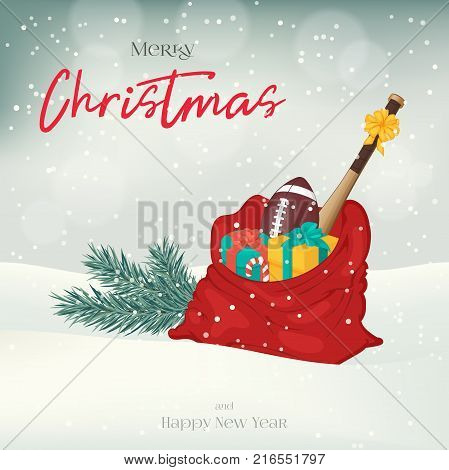 Christmas greeting card, background, poster with Santa Clause bag, fir-tree, ball and presents in the snow. Winter scene. Vector illustration. Holiday Collection.