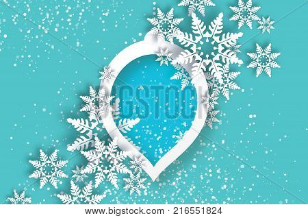 Snowfall. Origami Happy New Year Greetings card. Merry Christmas. White Paper cut snow flake. Winter snowflakes. Circle speech bubble bauble frame. Text. Holidays. Grey background. Vector