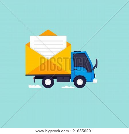 Mail, truck is carrying a letter. Flat design vector illustration.