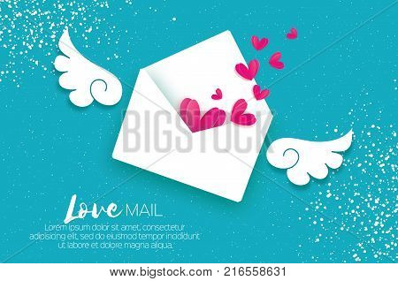 Greeting card for Valentine's day. Mail Love and envelope in paper cut style. Origami Pink Heart. Angel wings. Email. Be my valentine. 14 february. Message. Romantic card on sky blue. White day. Vector