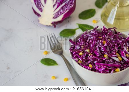 Fresh Red Cabbage Salad With Corn. Vegeterian And Diet Food. Space For Text