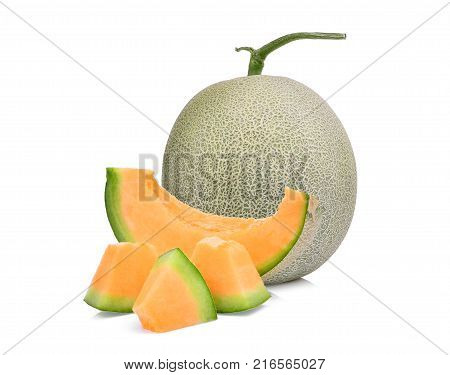 whole and slice of japanese melons orange melon or cantaloupe melon isolated on white background