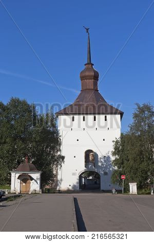 Kirillov, Vologda region, Russia - August 9, 2015: Kazanskaya tower of Kirillo-Belozersky monastery in Vologda region