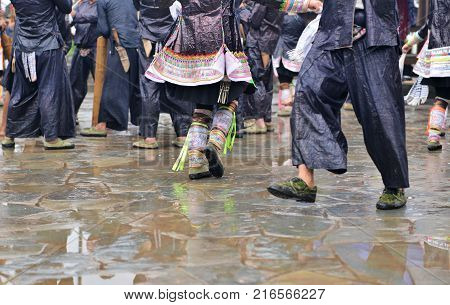 Peolple from different tribes in China dressed in traditional costumes, the miao tribe, dong tribe, gejia people, cormorant fishermen