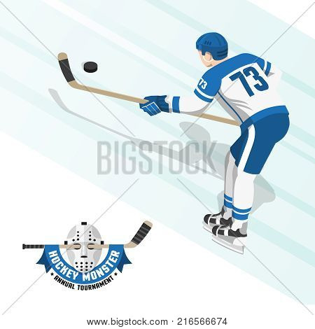 Ice hockey player in a white blue uniform view from the back. Flat logo with a retro goalkeeper's mask and stick.