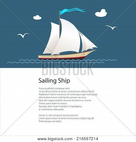 Poster with Yacht on the Waves at Ocean Sailing Vessel for Sea Voyages Travel Concept Brochure Flyer Design Vector Illustration