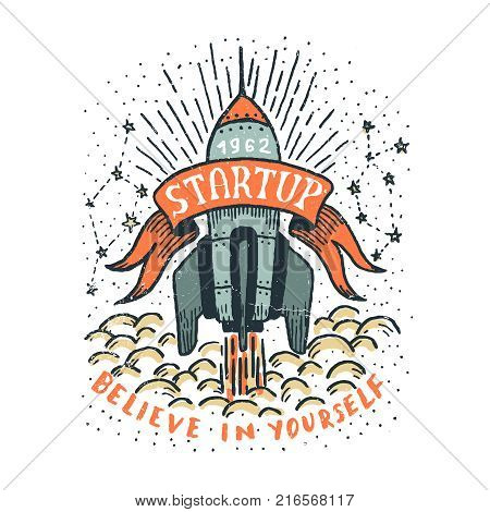 Startup doodle hand-drawn illustration with a flying rocket ribbon and inscriptions. Grunge textures on separate layer and can be easily disabled.