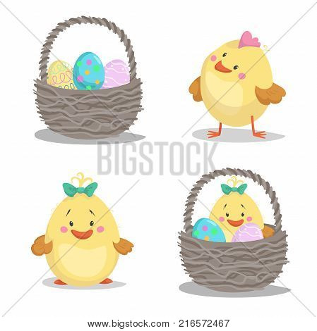 Spring easter symbols and seasonal vector illustrations set. Basket cute chick boy and girl easter bunny with painted eggs.
