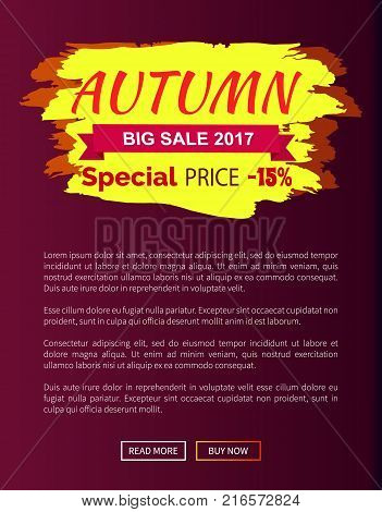 Special price autumn sale - 15 advert promo poster with label and place for text, web page design informative sticker about fall discounts vector