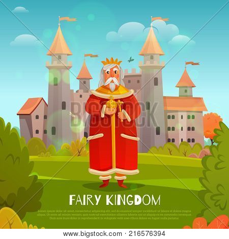 King in red clothing with power symbols on medieval castle background in fairy kingdom cartoon vector illustration