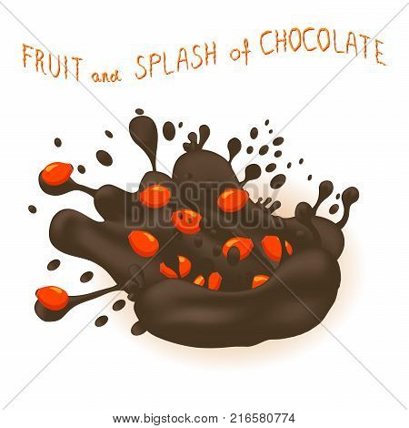 Abstract vector illustration logo for ripe berry red rose hip splash of drop chocolate. Rose Hip pattern consisting of splashes drip flow liquid Chocolate. Eat berries rosa rosehips in chocolates.