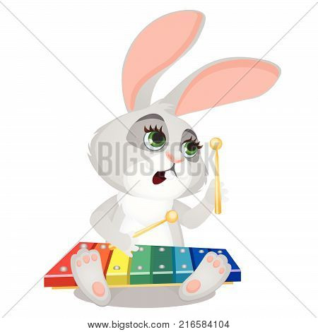 Small wild forest animal play on musical instrument. Bunny with xylophone isolated on white background. Sketch of festive poster, party invitation, holiday card. Vector cartoon close-up illustration