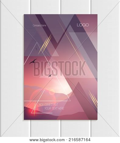 Stock vector brochure A4 or A5 format design business template with abstract triangles and mountain landscape at sunset, dawn background for ecology printed material, element corporate style cover