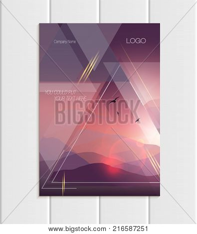 Stock vector brochure A4 or A5 format design business template with abstract triangles and mountain landscape at sunset, dawn background for ecology printed material, element corporate style cover
