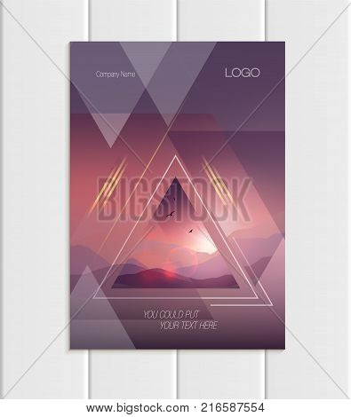 Stock vector brochure A4 or A5 format design business template with abstract triangles and mountain landscape at sunset, dawn background for ecology printed material, element corporate style cover
