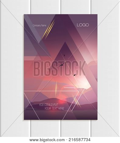 Stock vector brochure A4 or A5 format design business template with abstract triangles and mountain landscape at sunset, dawn background for ecology printed material, element corporate style cover