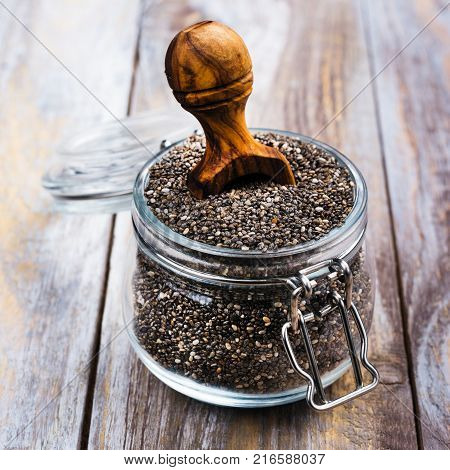 Healthy chia seeds in a glass jar. Healthy eating concept. Copy space