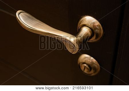 Close-up of metal bronze door handle on wooden door