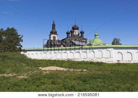 Wall and the Churches of Voskresensky Goritsky female monastery in the Vologda region, Russia
