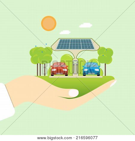 Electric car charging station. Plug-in vehicle getting energy from battery supply.