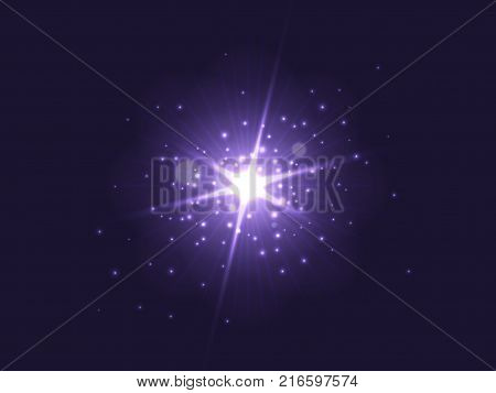 Purple glowing light burst explosion on dark background. Bright star with backlit dust particles. Vector illustration.