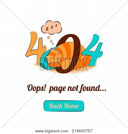 404 error page with cute cat sleeping and Warning message Oops Page Not Found.Search problem alert template for website design concept, vector illustration