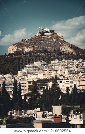 Athens cityscape with Mt Lykavitos viewed from above, Greece.