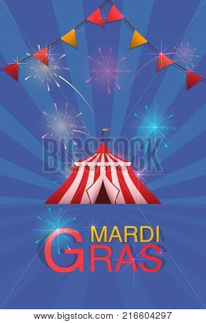 Carnival And Fun Fair Flyer Template. Vector Logo With A Painted Tent And Fireworks.
