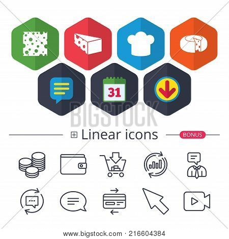 Calendar, Speech bubble and Download signs. Cheese icons. Round cheese wheel sign. Sliced food with chief hat symbols. Chat, Report graph line icons. More linear signs. Editable stroke. Vector
