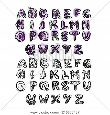 Hand drawn latin font. Doodle style. Flloral vector symbols